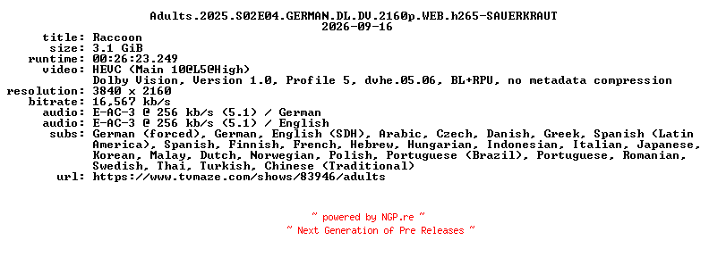 NFO for the release Adults.2025.S02E04.GERMAN.DL.DV.2160p.WEB.h265-SAUERKRAUT by SAUERKRAUT