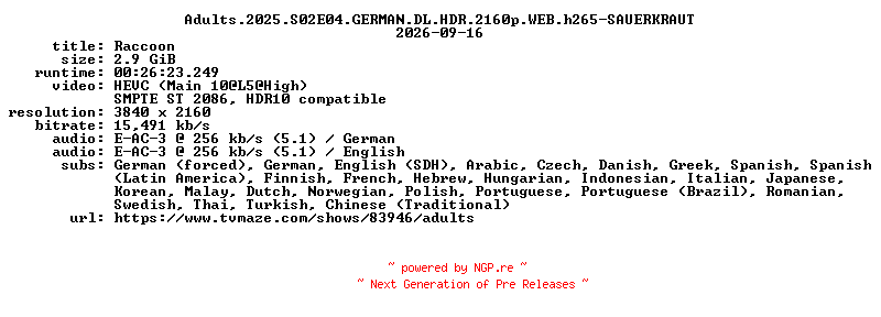 NFO for the release Adults.2025.S02E04.GERMAN.DL.HDR.2160p.WEB.h265-SAUERKRAUT by SAUERKRAUT