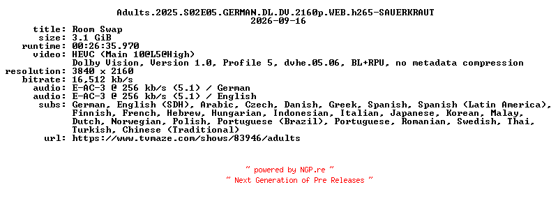 NFO for the release Adults.2025.S02E05.GERMAN.DL.DV.2160p.WEB.h265-SAUERKRAUT by SAUERKRAUT