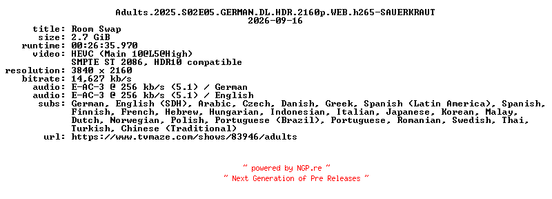 NFO for the release Adults.2025.S02E05.GERMAN.DL.HDR.2160p.WEB.h265-SAUERKRAUT by SAUERKRAUT