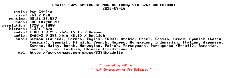 NFO for the release Adults.2025.S02E06.GERMAN.DL.1080p.WEB.h264-SAUERKRAUT by SAUERKRAUT