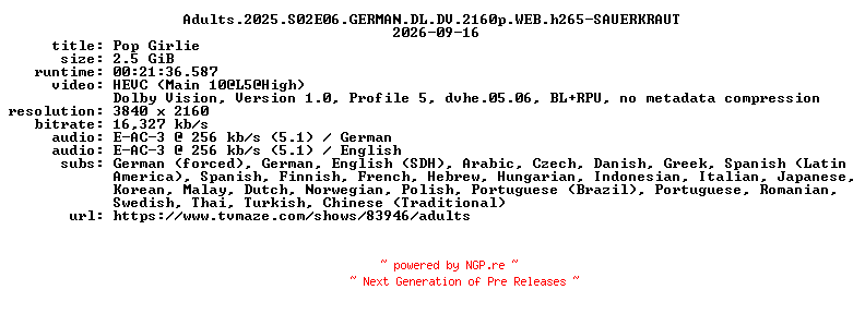 NFO for the release Adults.2025.S02E06.GERMAN.DL.DV.2160p.WEB.h265-SAUERKRAUT by SAUERKRAUT