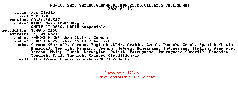 NFO for the release Adults.2025.S02E06.GERMAN.DL.HDR.2160p.WEB.h265-SAUERKRAUT by SAUERKRAUT