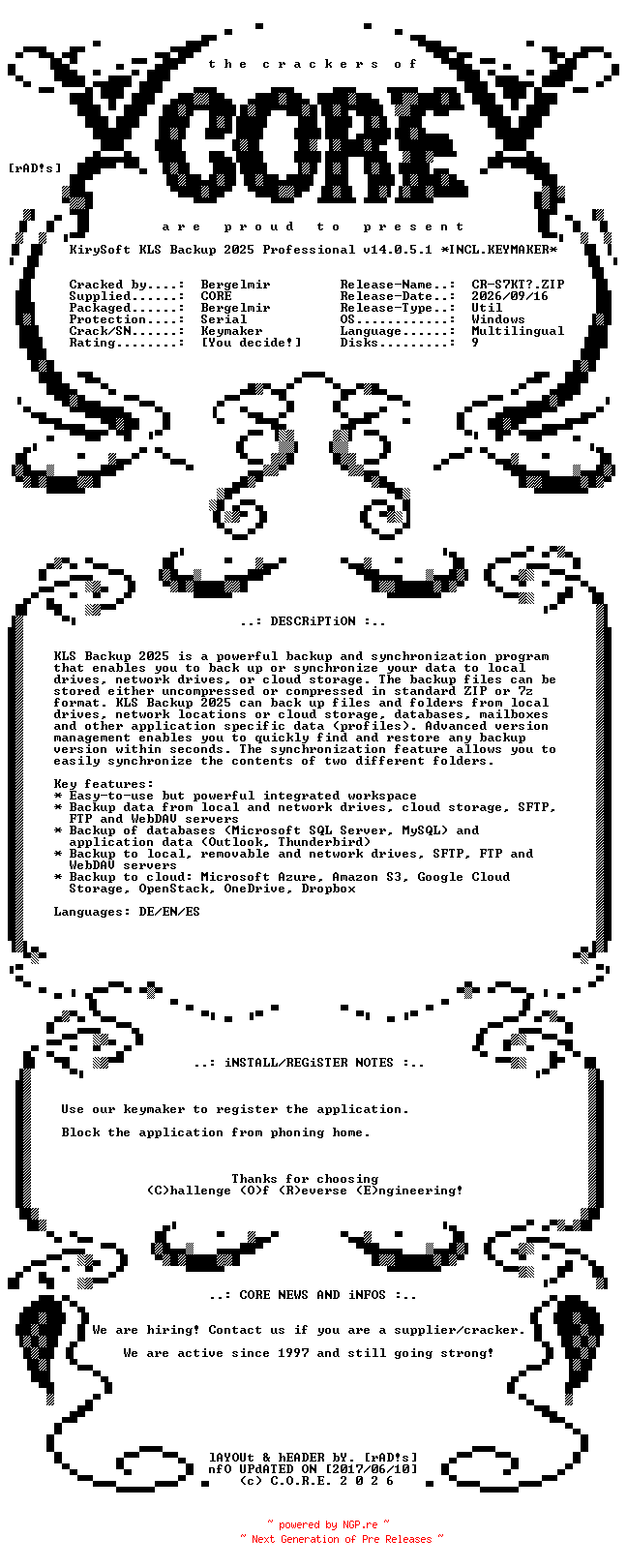 NFO for the release KirySoft.KLS.Backup.2025.Professional.v14.0.5.1.Multilingual.Incl.Keymaker-CORE by CORE