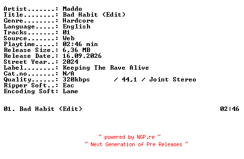 NFO for the release Maddo-Bad_Habit_(Edit)-SINGLE-WEB-2024-XTC_iNT by XTC_iNT