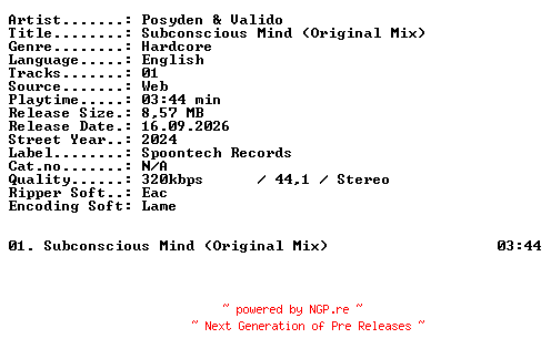 NFO for the release Posyden_and_Valido-Subconscious_Mind_(Original_Mix)-SINGLE-WEB-2024-XTC_iNT by XTC_iNT