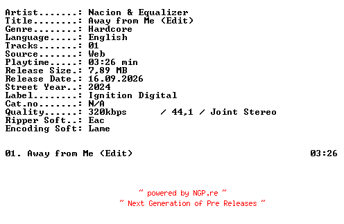 NFO for the release Nacion_and_Equalizer-Away_from_Me_(Edit)-SINGLE-WEB-2024-XTC_iNT by XTC_iNT