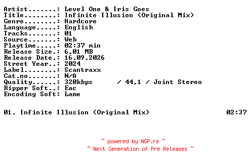 NFO for the release Level_One_and_Iris_Goes-Infinite_Illusion_(Original_Mix)-SINGLE-WEB-2024-XTC_iNT by XTC_iNT