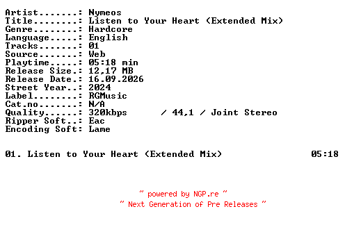 NFO for the release Nymeos-Listen_to_Your_Heart_(Extended_Mix)-SINGLE-WEB-2024-XTC_iNT by XTC_iNT