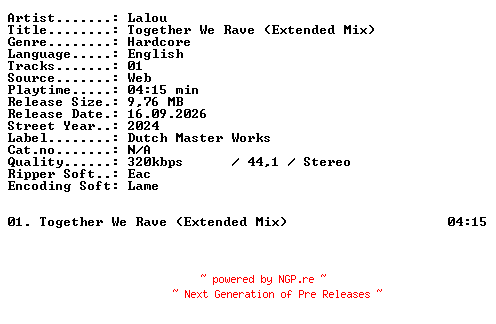 NFO for the release Lalou-Together_We_Rave_(Extended_Mix)-SINGLE-WEB-2024-XTC_iNT by XTC_iNT