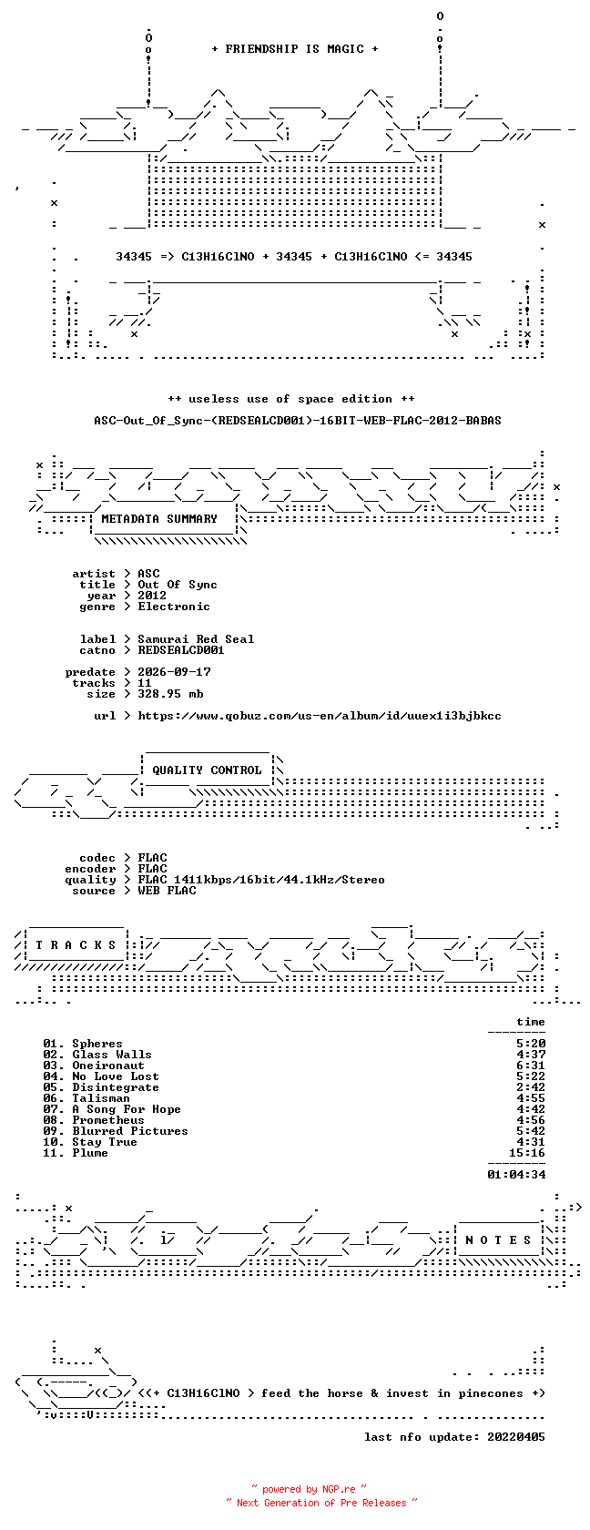 NFO for the release ASC-Out_Of_Sync-(REDSEALCD001)-16BIT-WEB-FLAC-2012-BABAS by BABAS