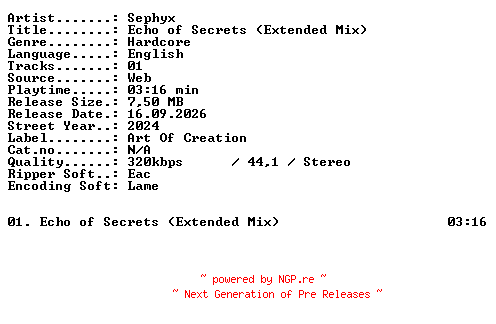 NFO for the release Sephyx-Echo_of_Secrets_(Extended_Mix)-SINGLE-WEB-2024-XTC_iNT by XTC_iNT