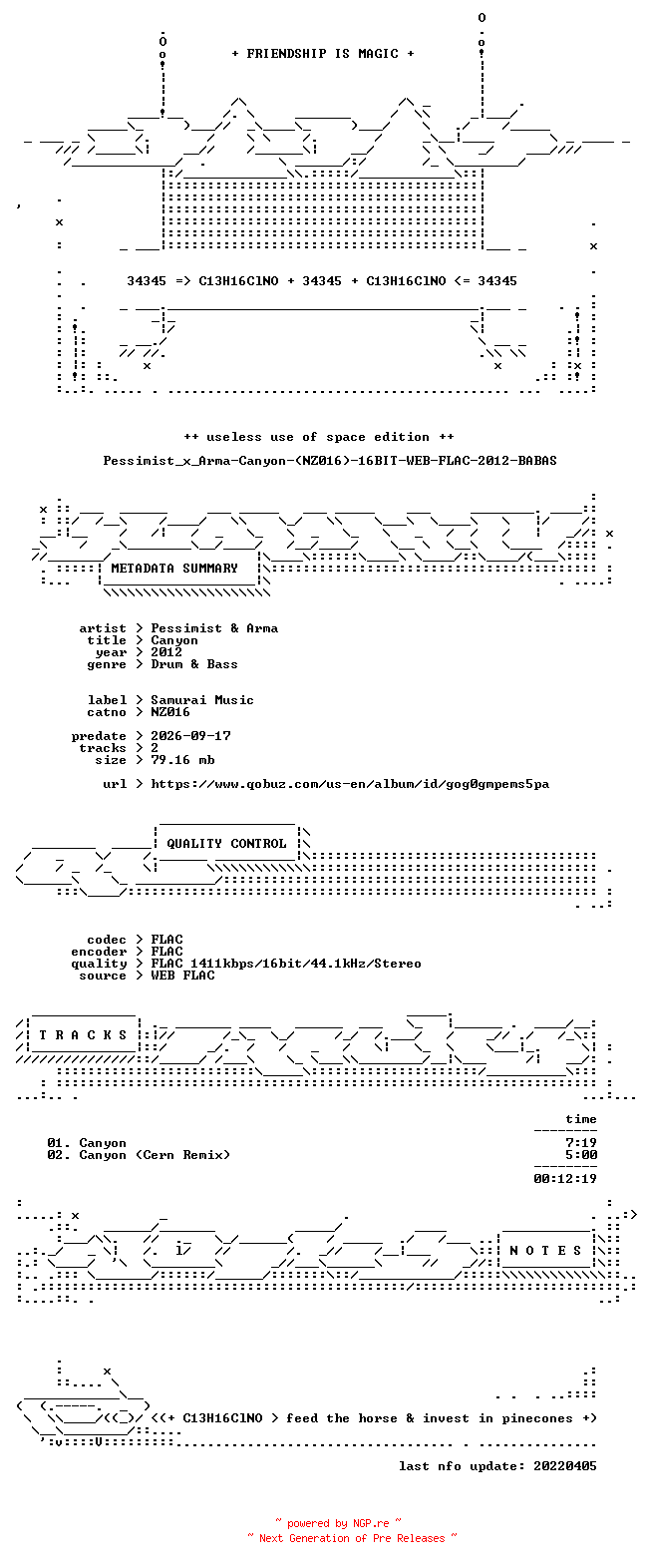 NFO for the release Pessimist_x_Arma-Canyon-(NZ016)-16BIT-WEB-FLAC-2012-BABAS by BABAS