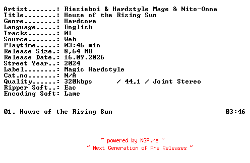 NFO for the release Riesieboi_and_Hardstyle_Mage_and_Nito-Onna-House_of_the_Rising_Sun-SINGLE-WEB-2024-XTC_iNT by XTC_iNT