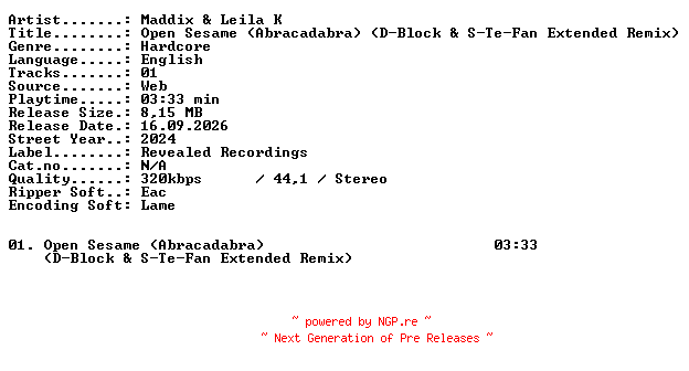 NFO for the release Maddix_and_Leila_K-Open_Sesame_(Abracadabra)_(D-Block_and_S-Te-Fan_Extended_Remix)-SINGLE-WEB-2024-XTC_iNT by XTC_iNT