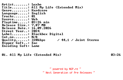 NFO for the release Luxho-All_My_Life_(Extended_Mix)-SINGLE-WEB-2024-XTC_iNT by XTC_iNT