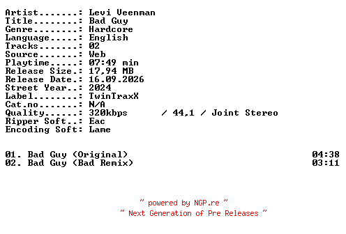 NFO for the release Levi_Veenman-Bad_Guy-WEB-2024-XTC_iNT by XTC_iNT