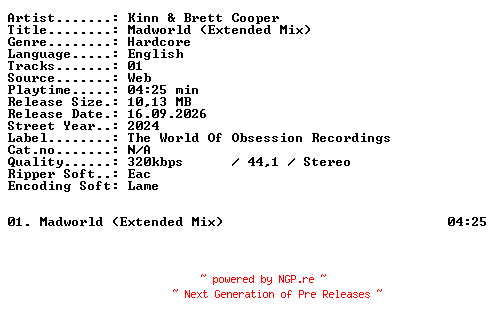 NFO for the release Kinn_and_Brett_Cooper-Madworld_(Extended_Mix)-SINGLE-WEB-2024-XTC_iNT by XTC_iNT