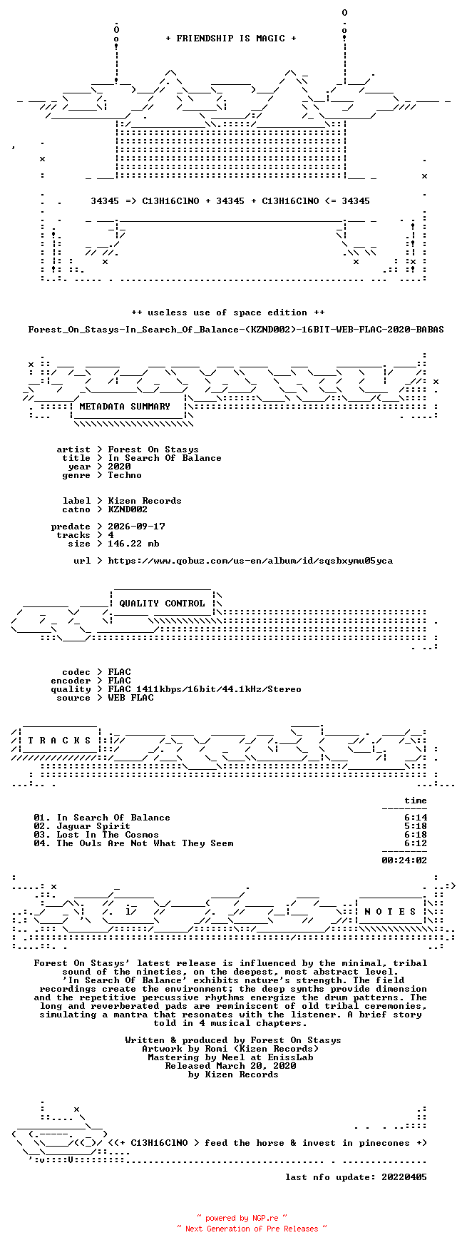NFO for the release Forest_On_Stasys-In_Search_Of_Balance-(KZND002)-16BIT-WEB-FLAC-2020-BABAS by BABAS