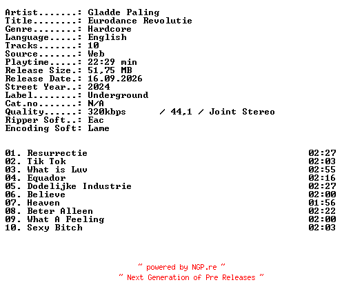 NFO for the release Gladde_Paling-Eurodance_Revolutie-WEB-2024-XTC_iNT by XTC_iNT