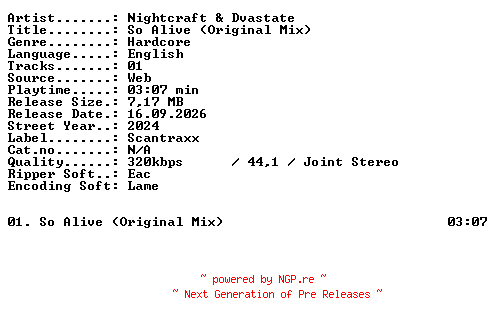 NFO for the release Nightcraft_and_Dvastate-So_Alive_(Original_Mix)-SINGLE-WEB-2024-XTC_iNT by XTC_iNT