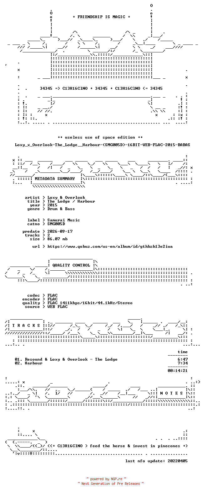 NFO for the release Loxy_x_Overlook-The_Lodge__Harbour-(SMG005D)-16BIT-WEB-FLAC-2015-BABAS by BABAS