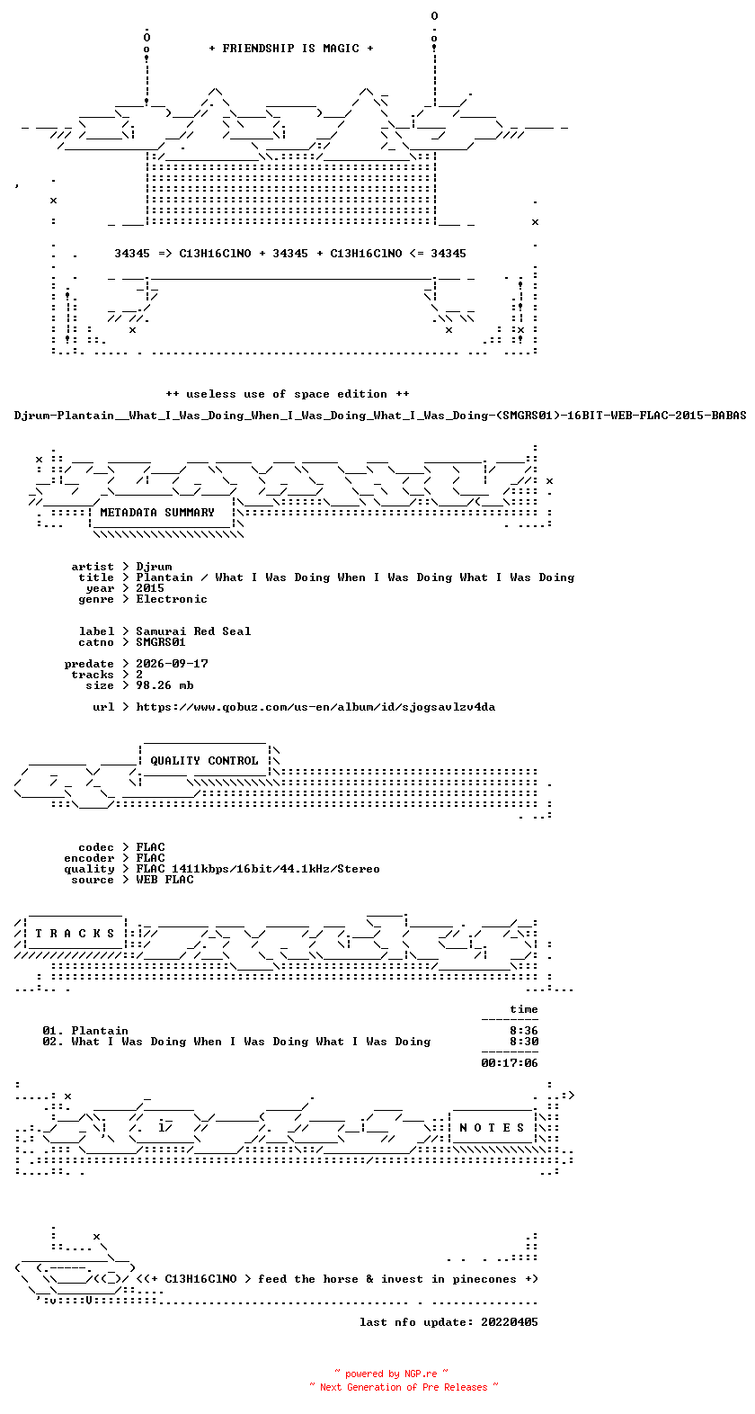 NFO for the release Djrum-Plantain__What_I_Was_Doing_When_I_Was_Doing_What_I_Was_Doing-(SMGRS01)-16BIT-WEB-FLAC-2015-BABAS by BABAS