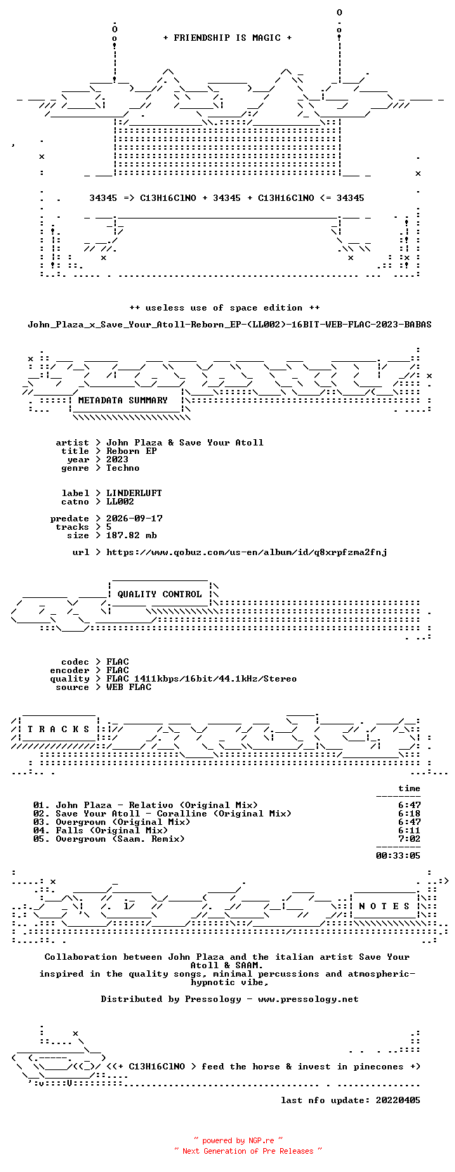 NFO for the release John_Plaza_x_Save_Your_Atoll-Reborn_EP-(LL002)-16BIT-WEB-FLAC-2023-BABAS by BABAS