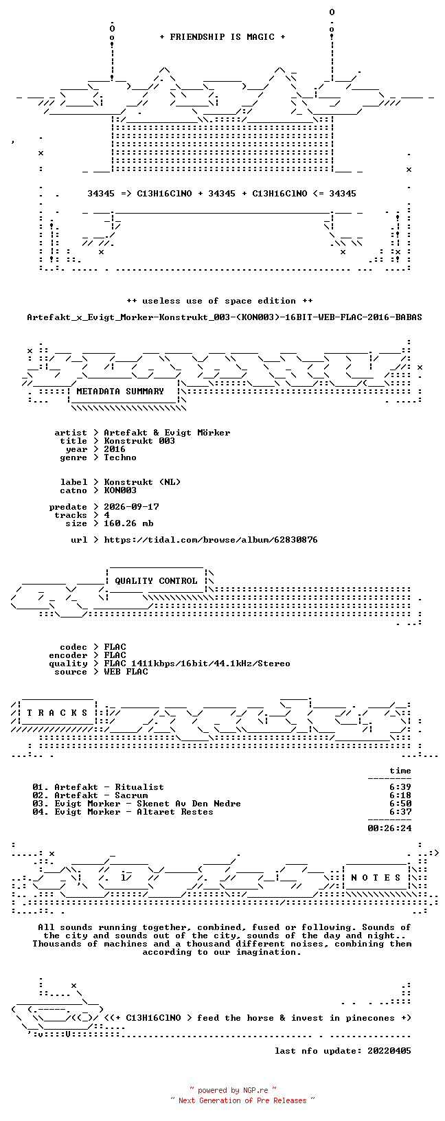 NFO for the release Artefakt_x_Evigt_Morker-Konstrukt_003-(KON003)-16BIT-WEB-FLAC-2016-BABAS by BABAS