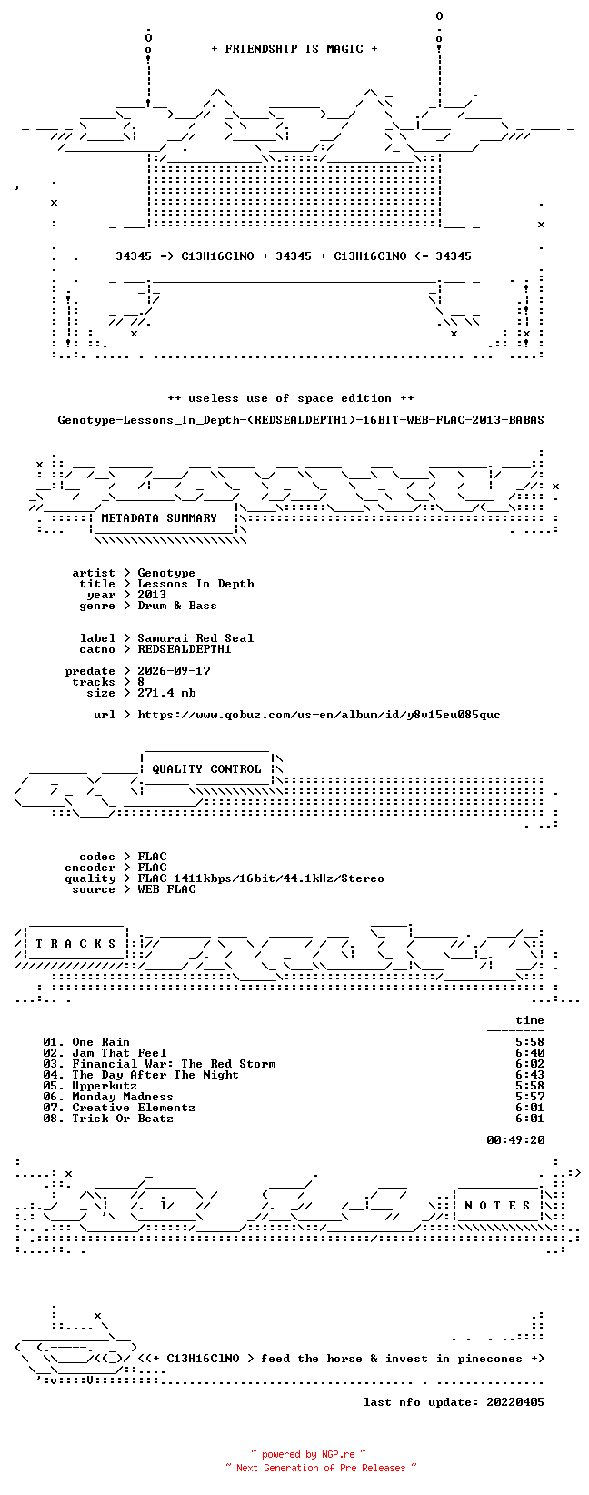 NFO for the release Genotype-Lessons_In_Depth-(REDSEALDEPTH1)-16BIT-WEB-FLAC-2013-BABAS by BABAS