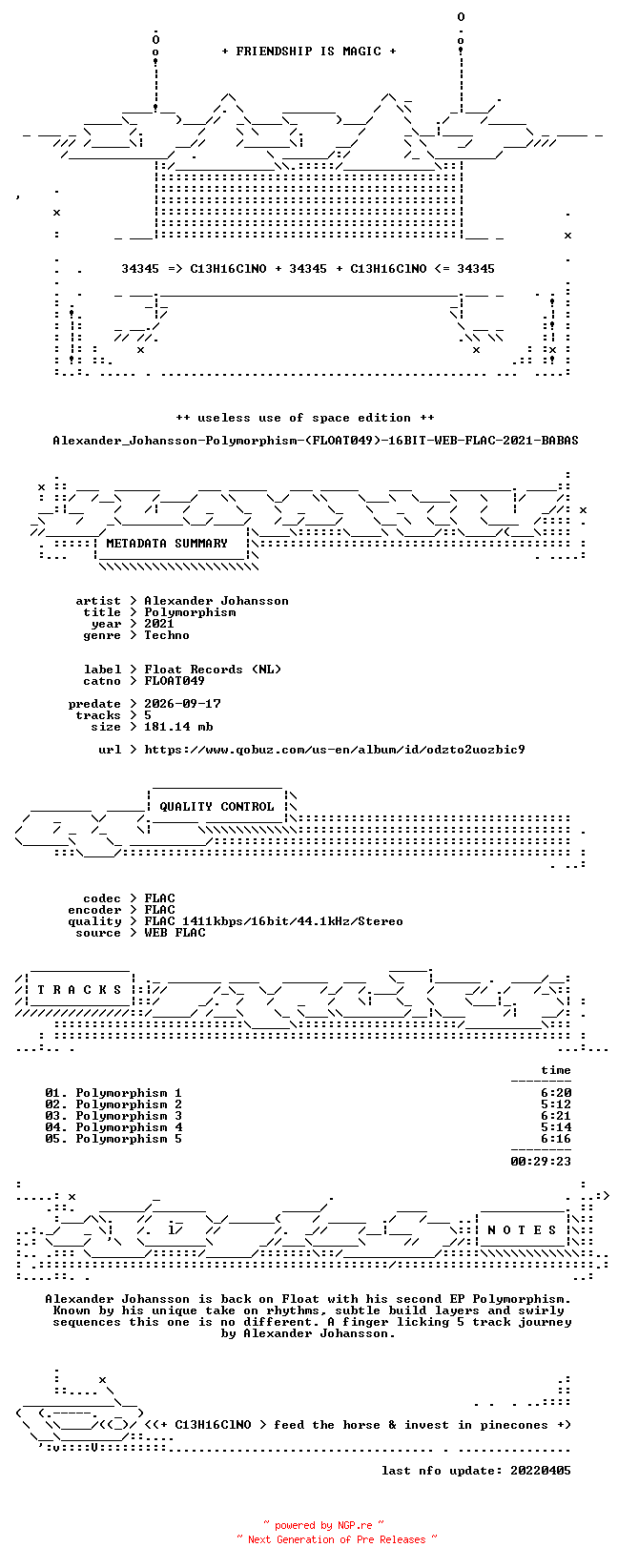 NFO for the release Alexander_Johansson-Polymorphism-(FLOAT049)-16BIT-WEB-FLAC-2021-BABAS by BABAS