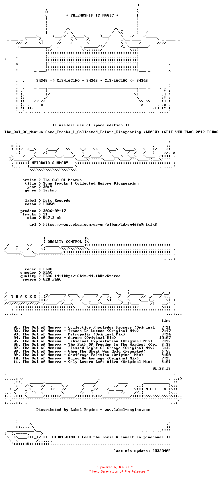 NFO for the release The_Owl_Of_Menrva-Some_Tracks_I_Collected_Before_Disapearing-(LR050)-16BIT-WEB-FLAC-2019-BABAS by BABAS