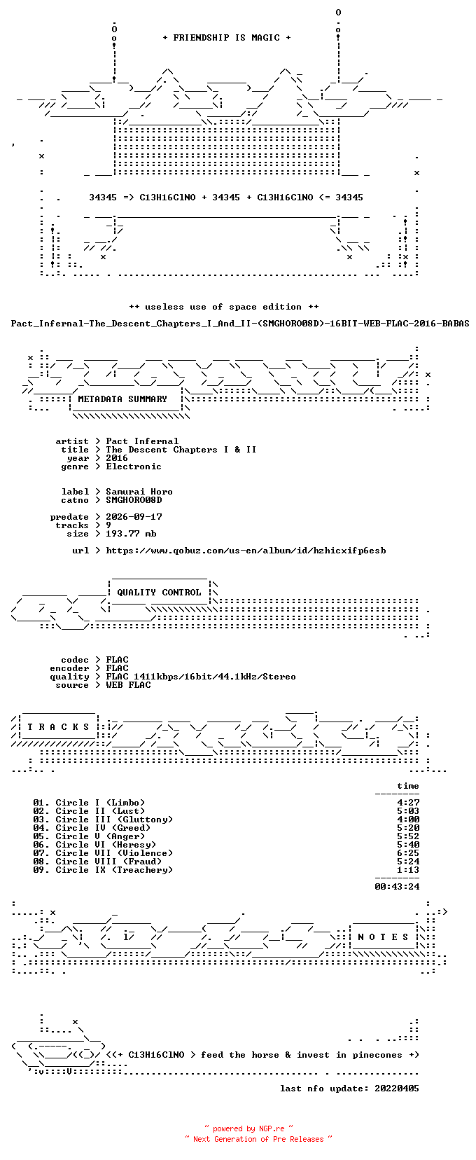 NFO for the release Pact_Infernal-The_Descent_Chapters_I_And_II-(SMGHORO08D)-16BIT-WEB-FLAC-2016-BABAS by BABAS