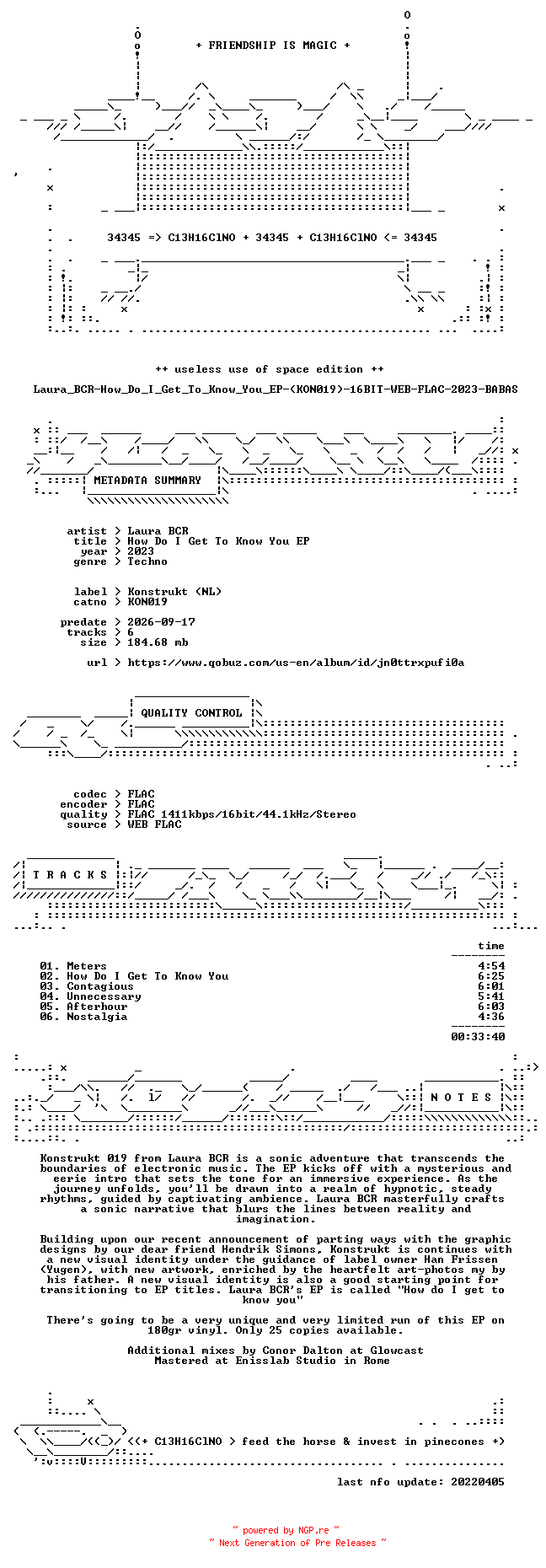 NFO for the release Laura_BCR-How_Do_I_Get_To_Know_You_EP-(KON019)-16BIT-WEB-FLAC-2023-BABAS by BABAS