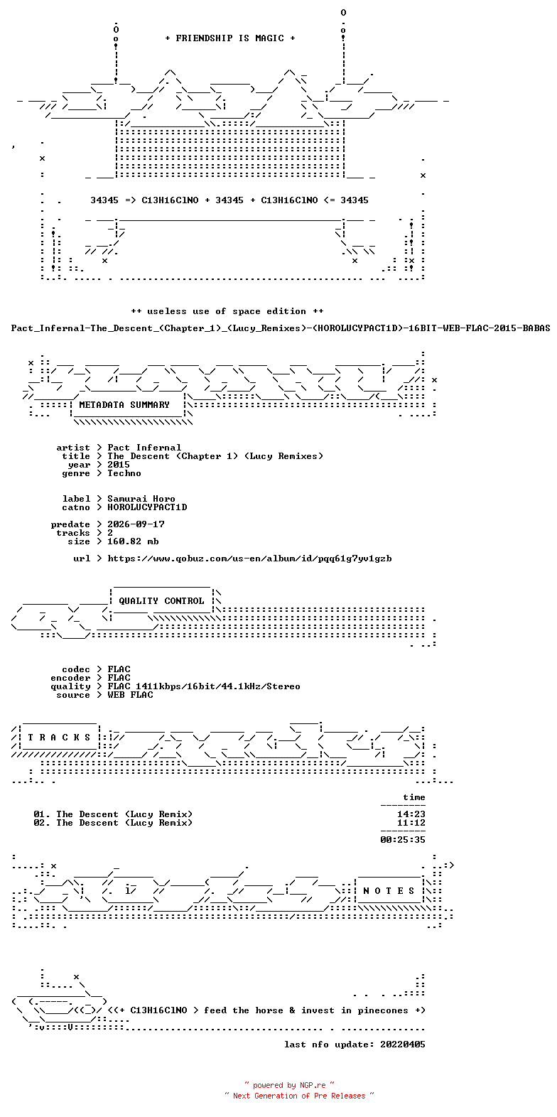 NFO for the release Pact_Infernal-The_Descent_(Chapter_1)_(Lucy_Remixes)-(HOROLUCYPACT1D)-16BIT-WEB-FLAC-2015-BABAS by BABAS