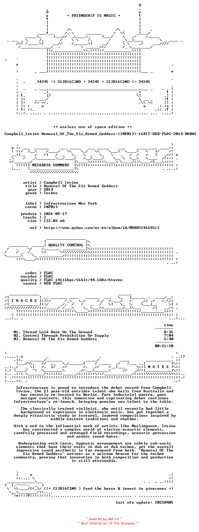 NFO for the release Campbell_Irvine-Removal_Of_The_Six_Armed_Goddess-(INF013)-16BIT-WEB-FLAC-2014-BABAS by BABAS