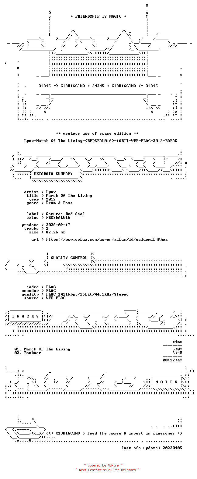 NFO for the release Lynx-March_Of_The_Living-(REDSEAL016)-16BIT-WEB-FLAC-2012-BABAS by BABAS