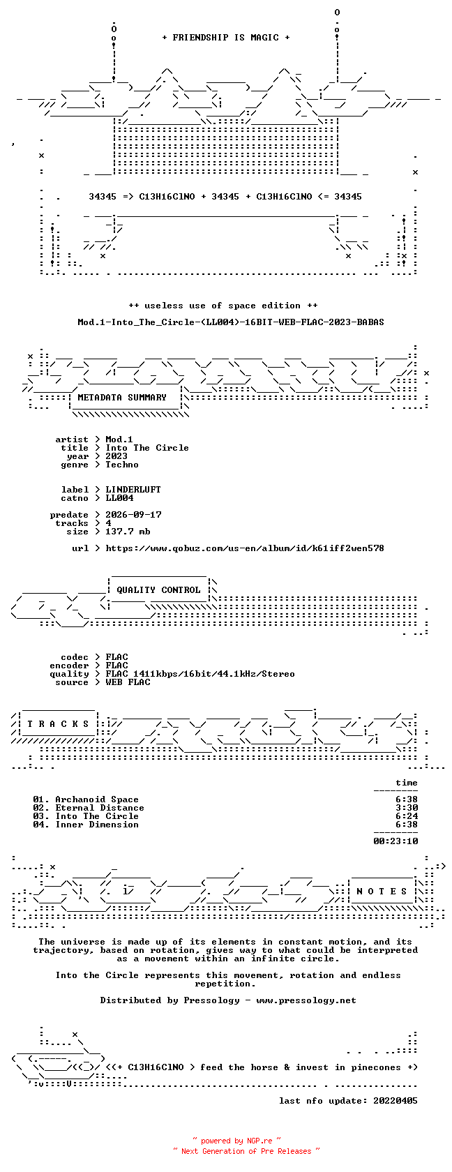 NFO for the release Mod.1-Into_The_Circle-(LL004)-16BIT-WEB-FLAC-2023-BABAS by BABAS