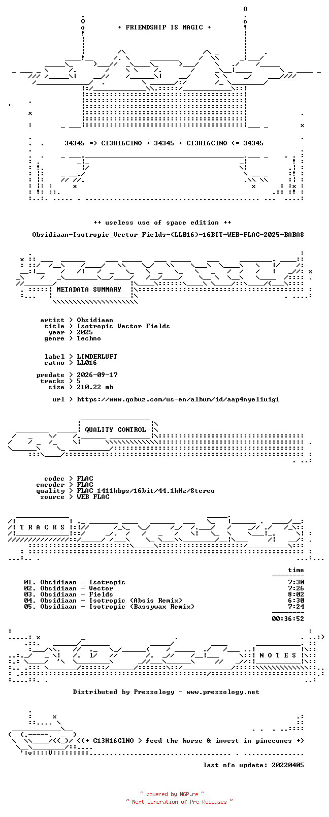 NFO for the release Obsidiaan-Isotropic_Vector_Fields-(LL016)-16BIT-WEB-FLAC-2025-BABAS by BABAS
