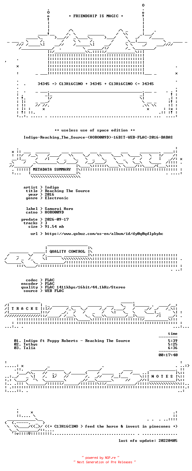 NFO for the release Indigo-Reaching_The_Source-(HORO009D)-16BIT-WEB-FLAC-2016-BABAS by BABAS