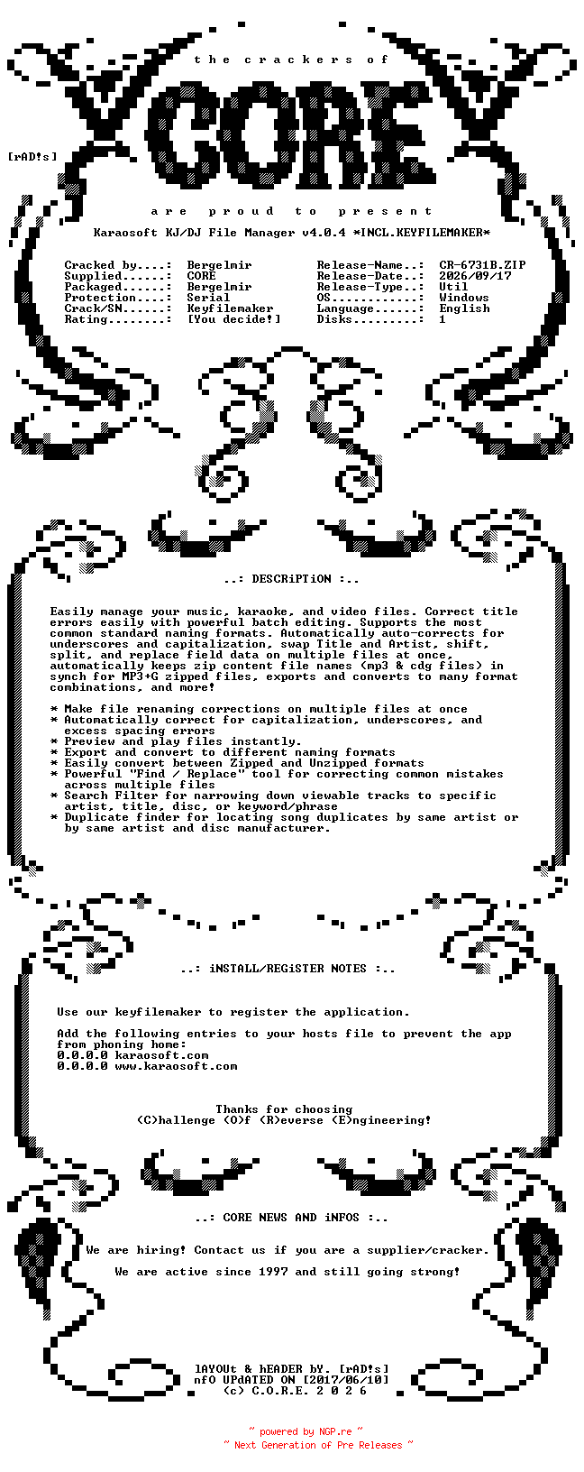 NFO for the release Karaosoft.KJ.DJ.File.Manager.v4.0.4.Incl.Keyfilemaker-CORE by CORE
