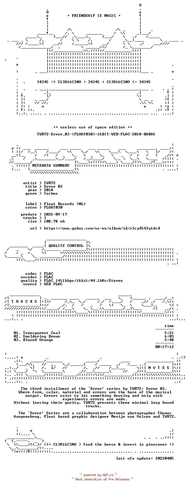 NFO for the release TWR72-Error_03-(FLOAT030)-16BIT-WEB-FLAC-2018-BABAS by BABAS