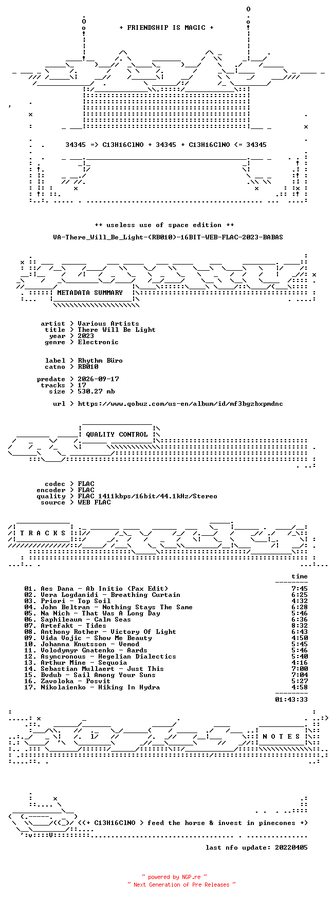 NFO for the release VA-There_Will_Be_Light-(RB010)-16BIT-WEB-FLAC-2023-BABAS by BABAS