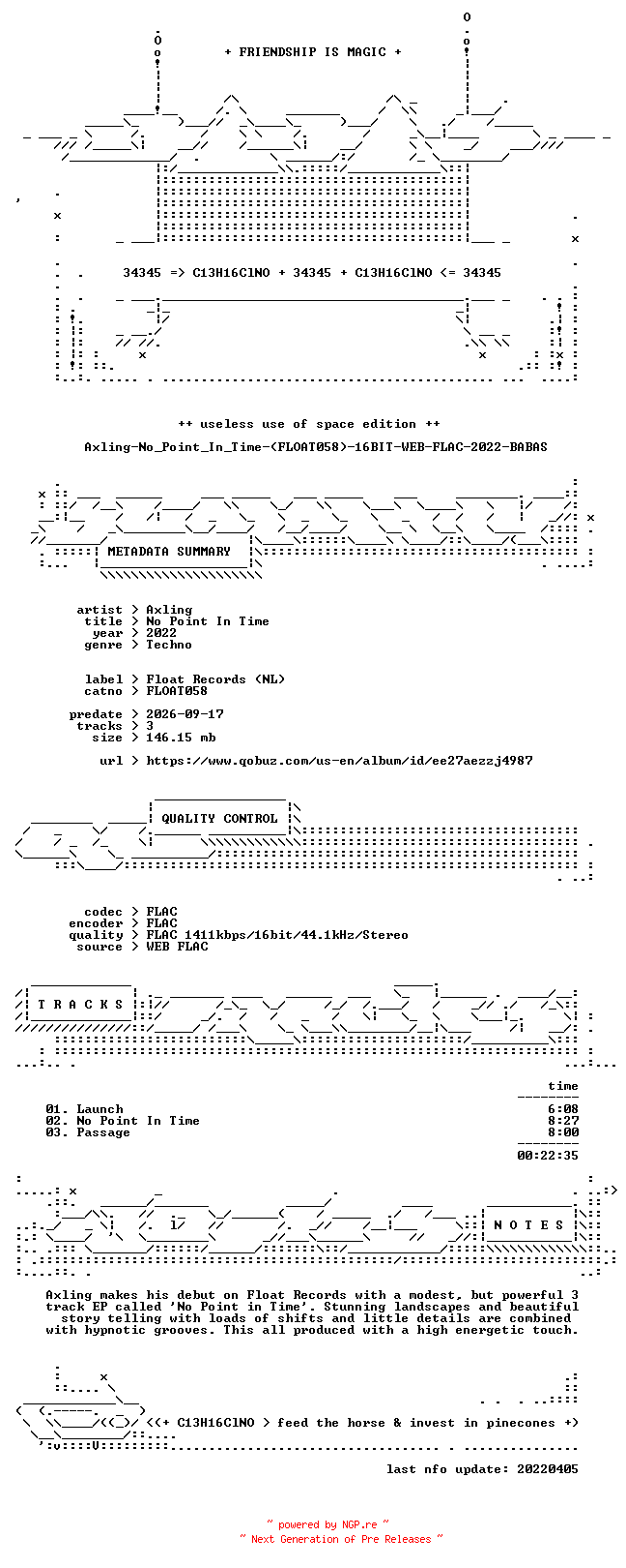 NFO for the release Axling-No_Point_In_Time-(FLOAT058)-16BIT-WEB-FLAC-2022-BABAS by BABAS