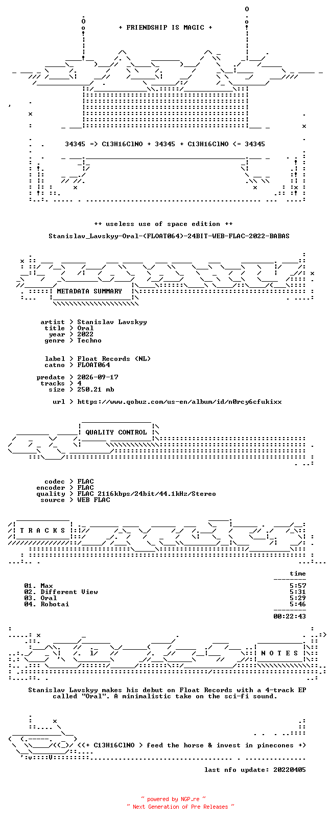 NFO for the release Stanislav_Lavskyy-Oral-(FLOAT064)-24BIT-WEB-FLAC-2022-BABAS by BABAS