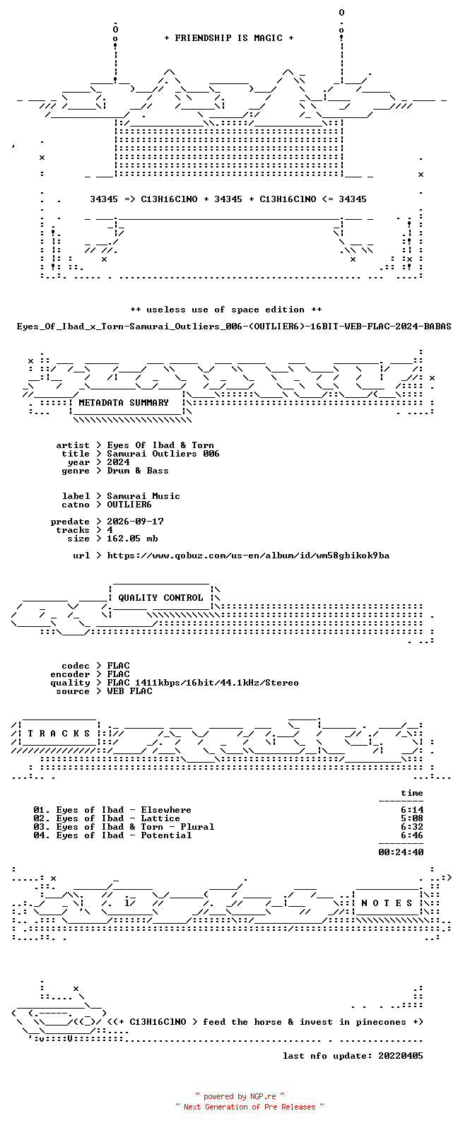 NFO for the release Eyes_Of_Ibad_x_Torn-Samurai_Outliers_006-(OUTLIER6)-16BIT-WEB-FLAC-2024-BABAS by BABAS