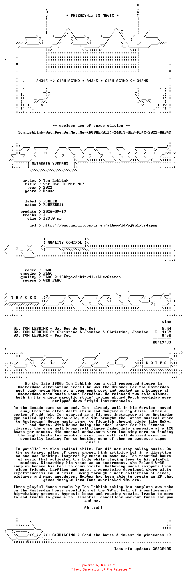 NFO for the release Ton_Lebbink-Wat_Doe_Je_Met_Me-(RUBBER011)-24BIT-WEB-FLAC-2022-BABAS by BABAS