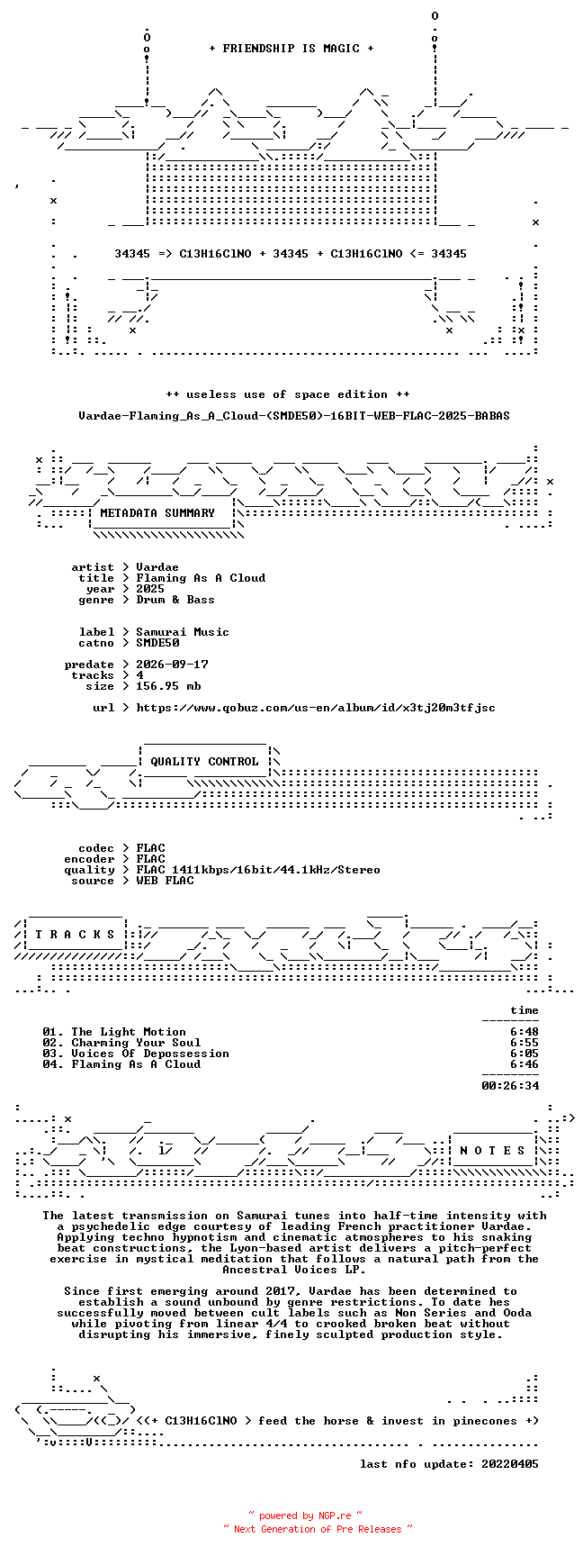 NFO for the release Vardae-Flaming_As_A_Cloud-(SMDE50)-16BIT-WEB-FLAC-2025-BABAS by BABAS