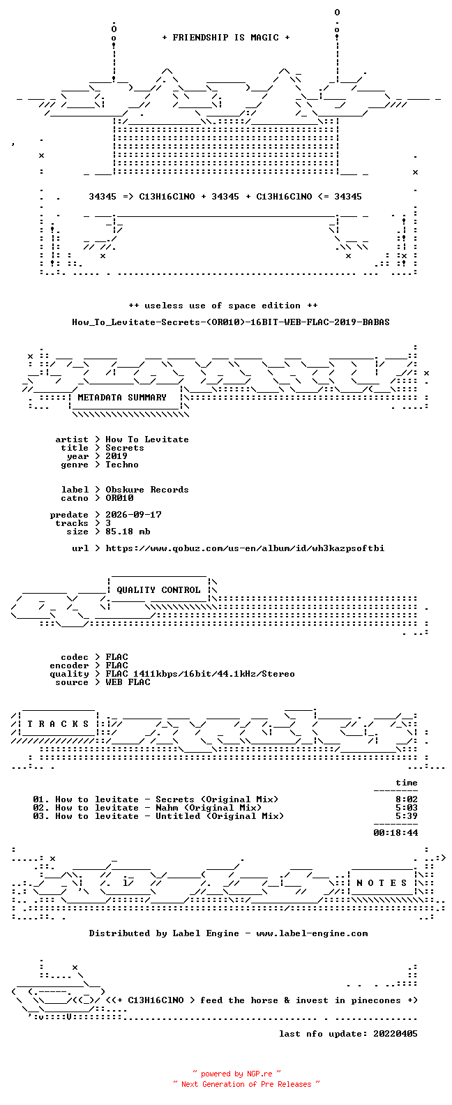 NFO for the release How_To_Levitate-Secrets-(OR010)-16BIT-WEB-FLAC-2019-BABAS by BABAS