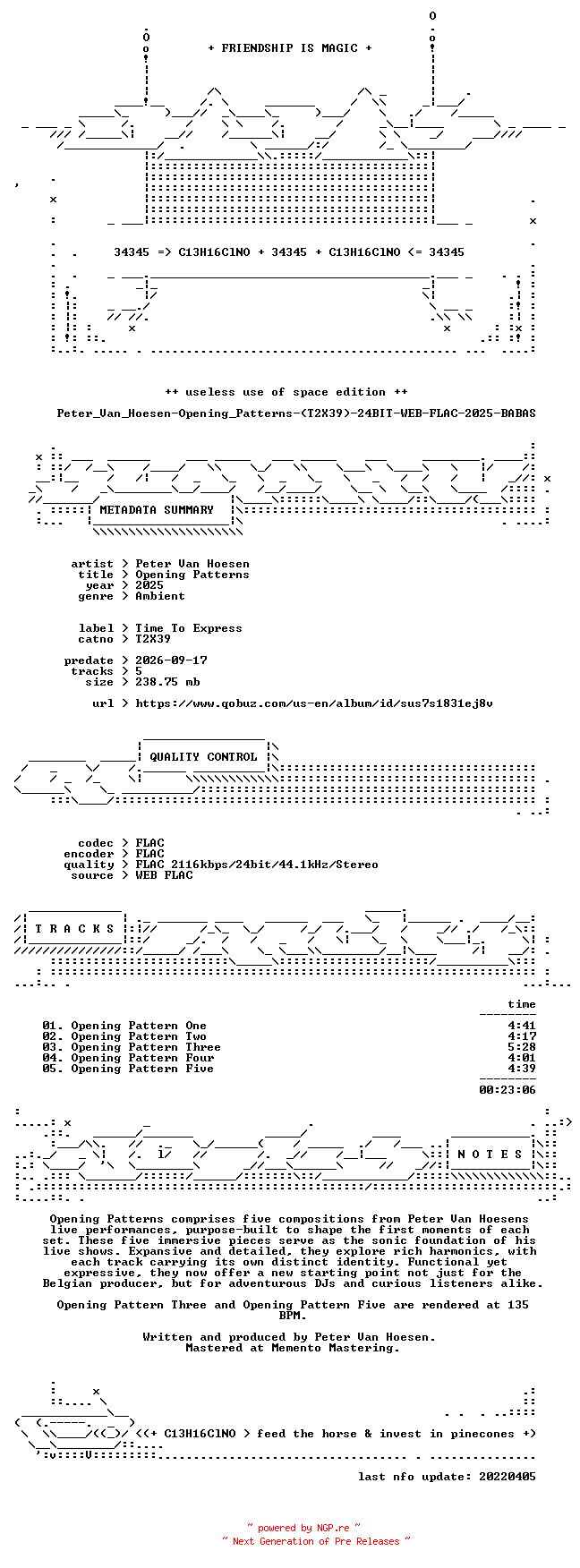 NFO for the release Peter_Van_Hoesen-Opening_Patterns-(T2X39)-24BIT-WEB-FLAC-2025-BABAS by BABAS